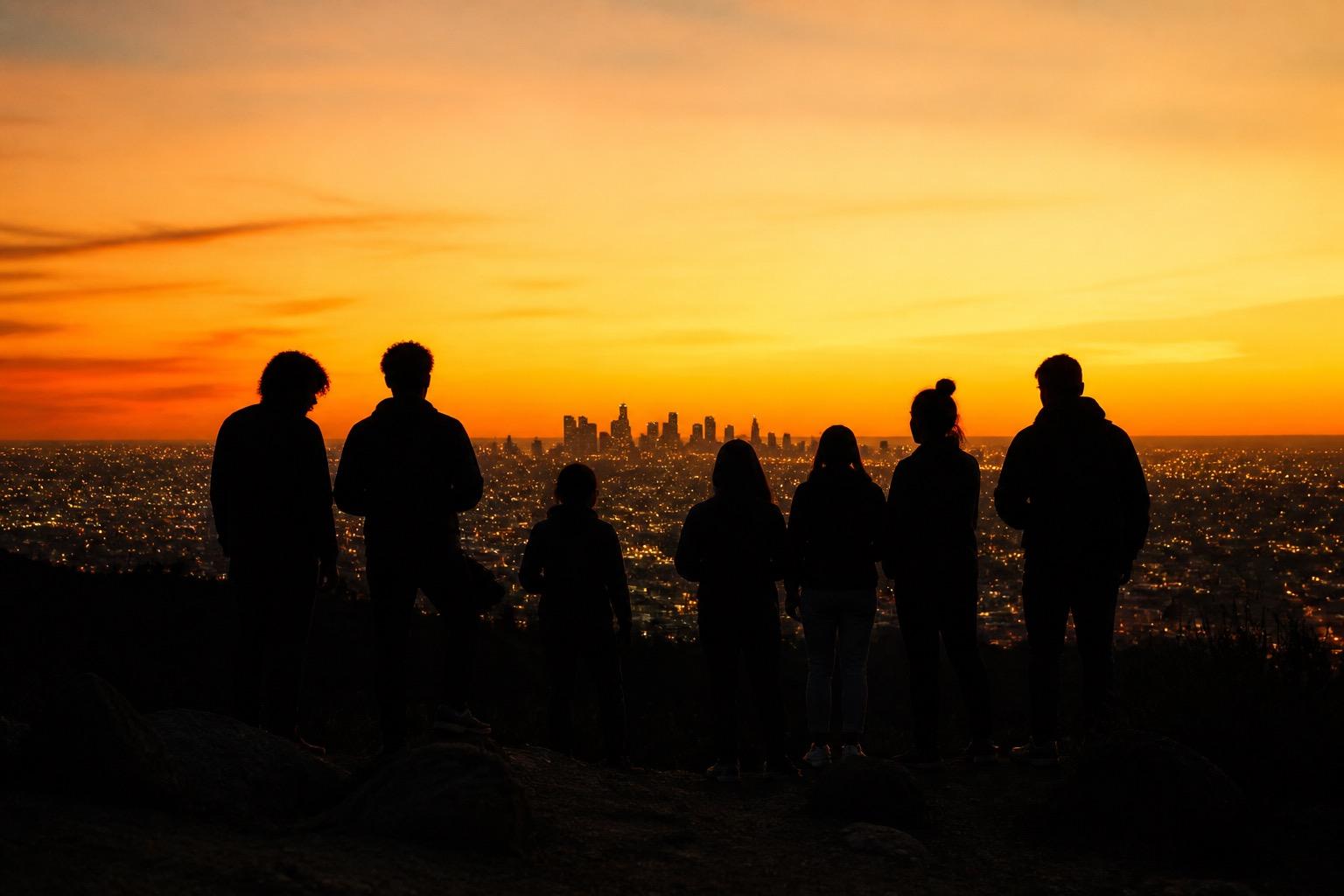 Silhouettes of dreamers overlooking a city at sunset