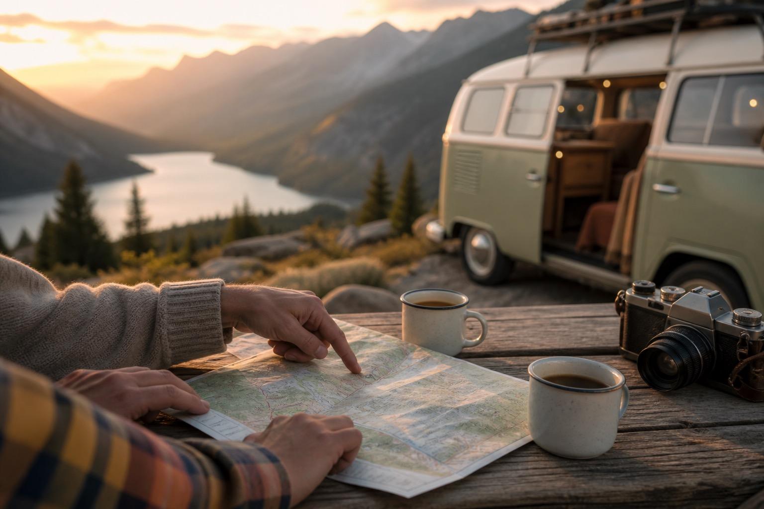 Hands planning a journey on a map with mountains beyond
