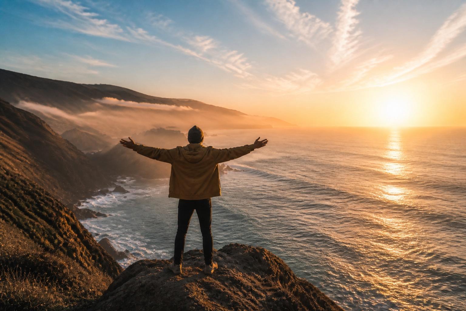 Person facing a sunrise ocean horizon with a sense of purpose