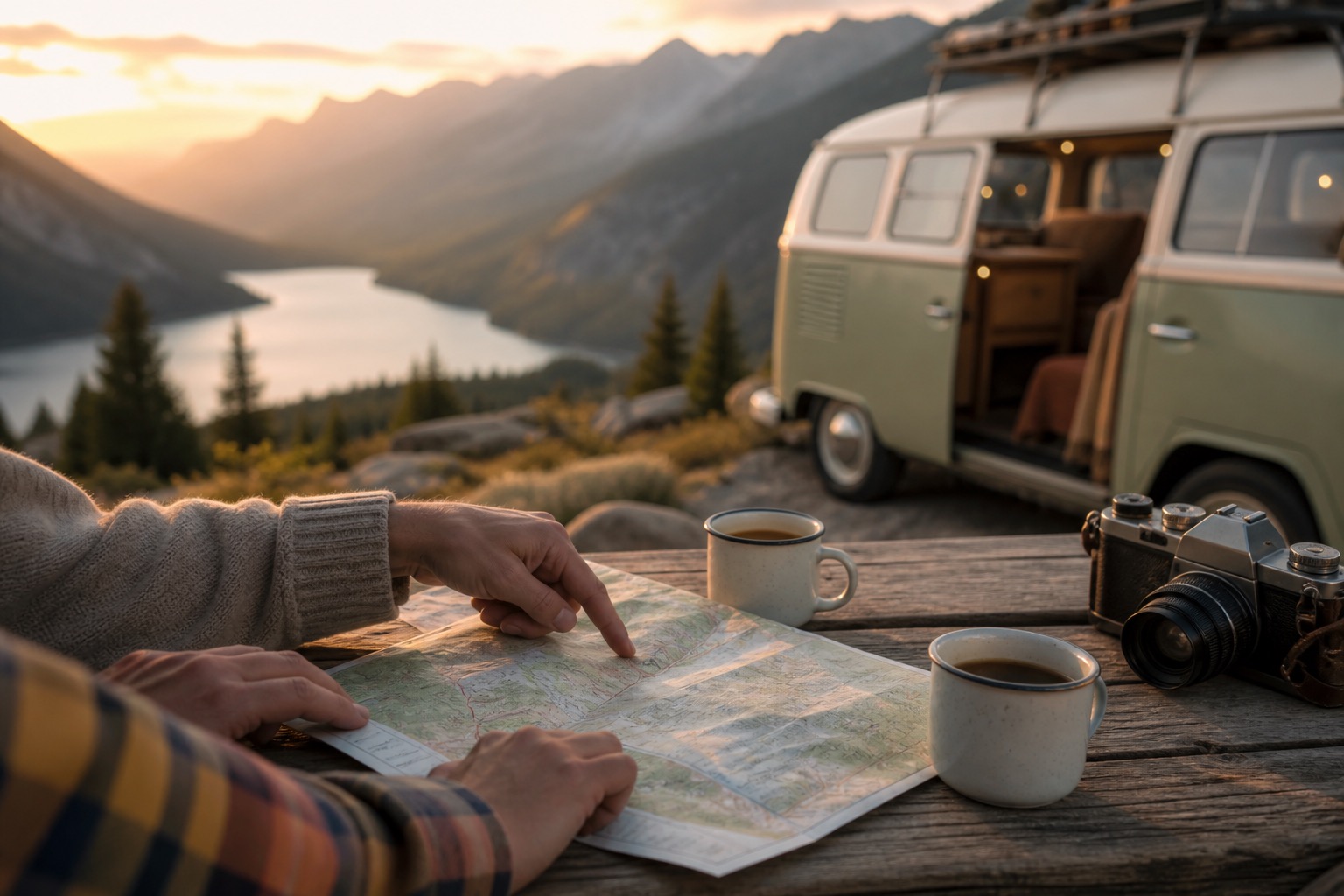 Hands planning a journey on a map with mountains beyond